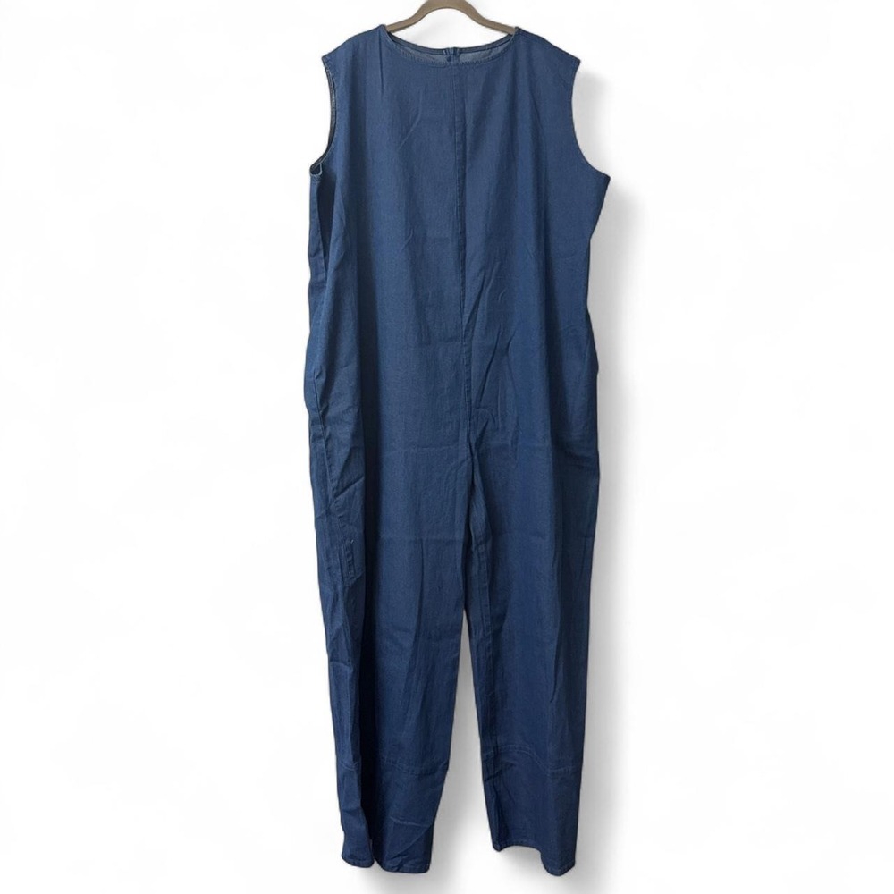Women's Blue Denim Sleeveless Jumpsuit with Pockets